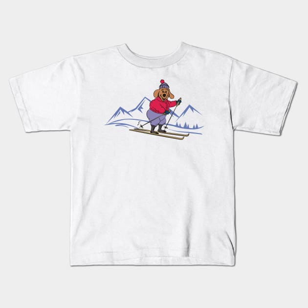 Happy Cartoon Dog Skiing in the Winter Mountains Kids T-Shirt by Pixels Pantry